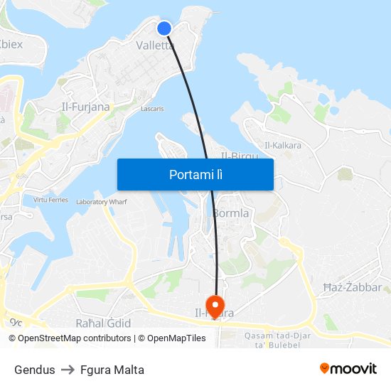 Gendus to Fgura Malta map