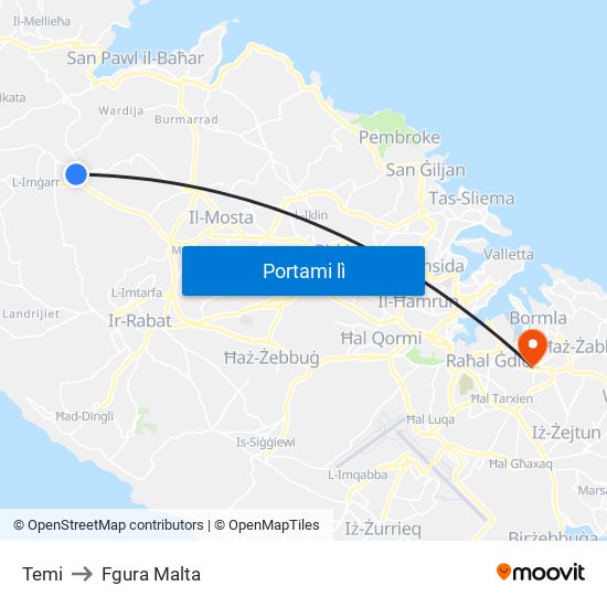 Temi to Fgura Malta map
