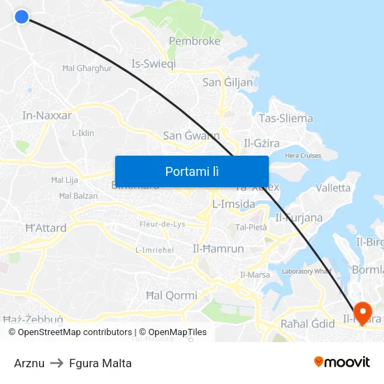 Arznu to Fgura Malta map