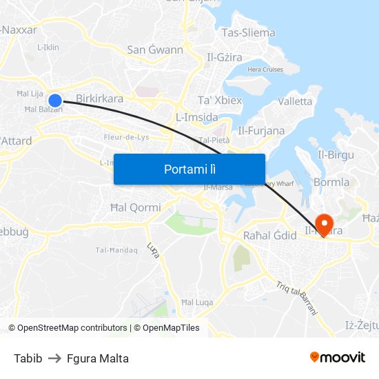 Tabib to Fgura Malta map