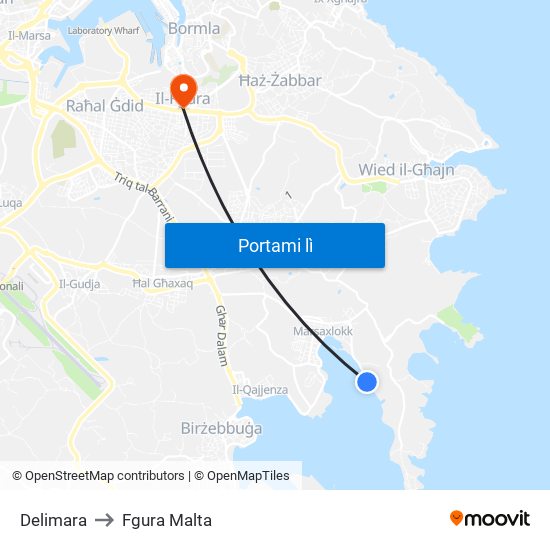 Delimara to Fgura Malta map