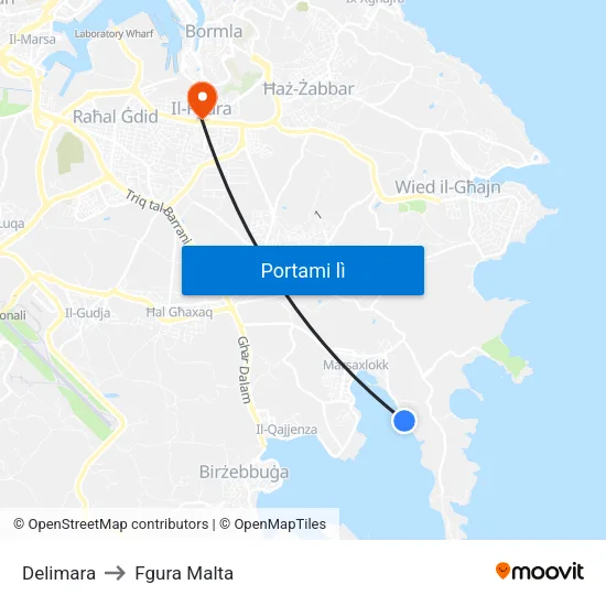 Delimara to Fgura Malta map
