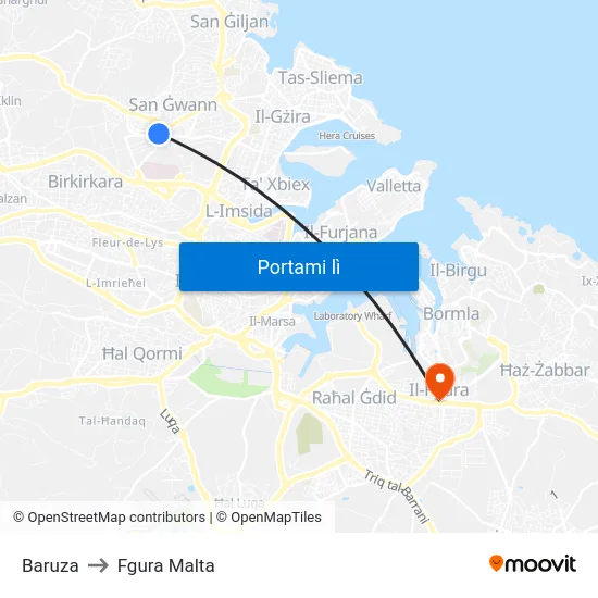 Baruza to Fgura Malta map
