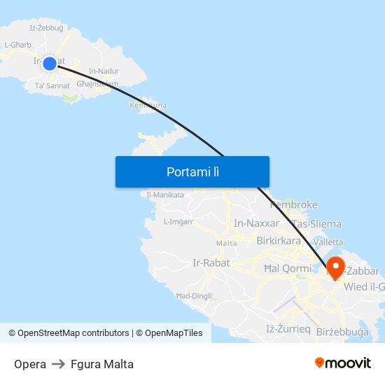 Opera to Fgura Malta map