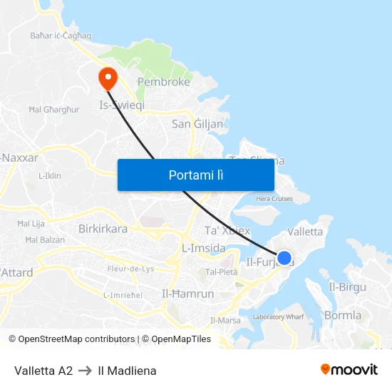 Valletta A2 to Il Madliena map
