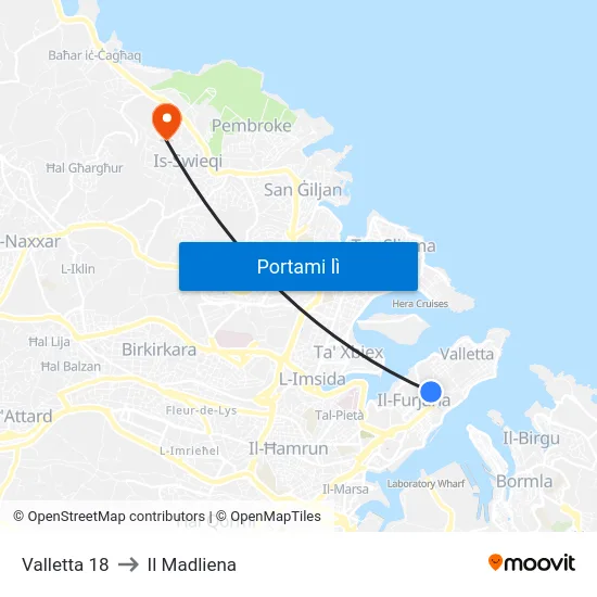 Valletta 18 to Il Madliena map