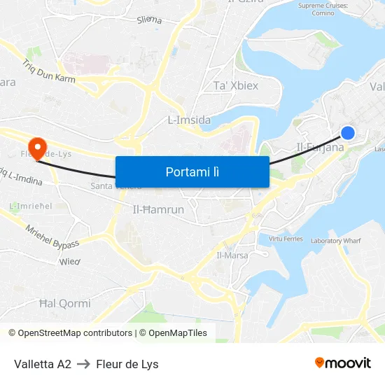 Valletta A2 to Fleur de Lys map