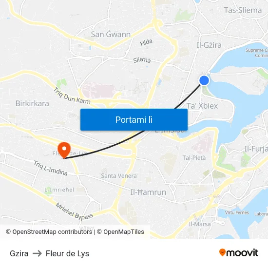 Gzira to Fleur de Lys map
