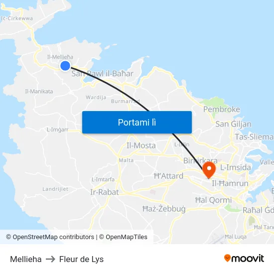 Mellieha to Fleur de Lys map