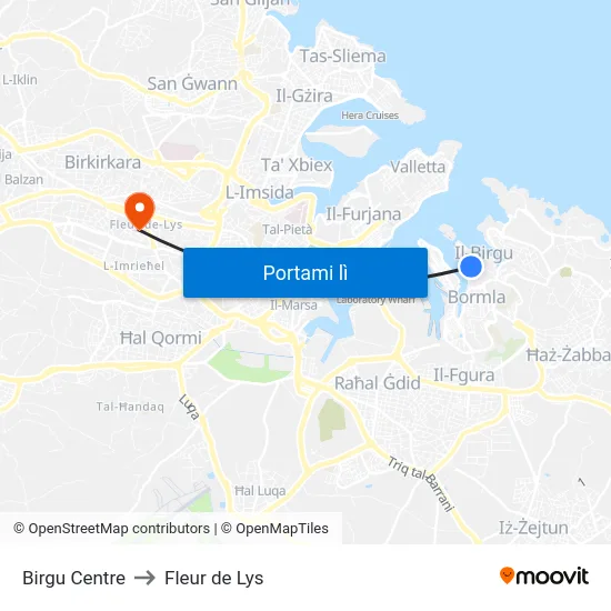 Birgu Centre to Fleur de Lys map
