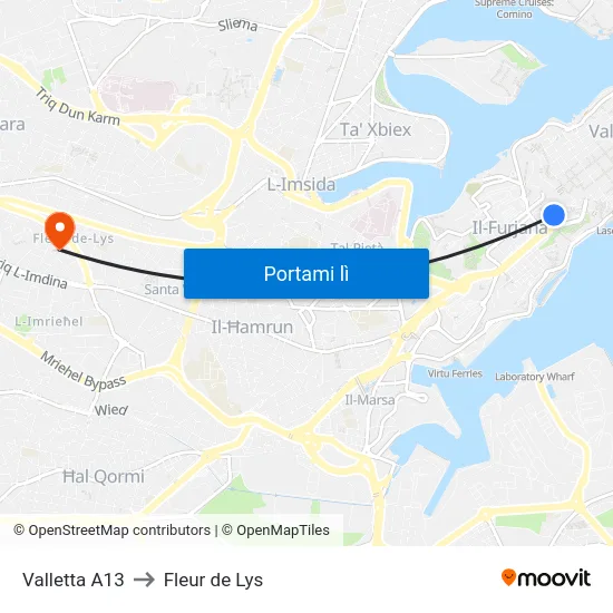 Valletta A13 to Fleur de Lys map