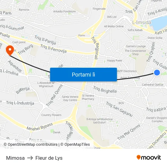 Mimosa to Fleur de Lys map