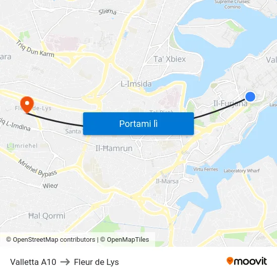 Valletta A10 to Fleur de Lys map