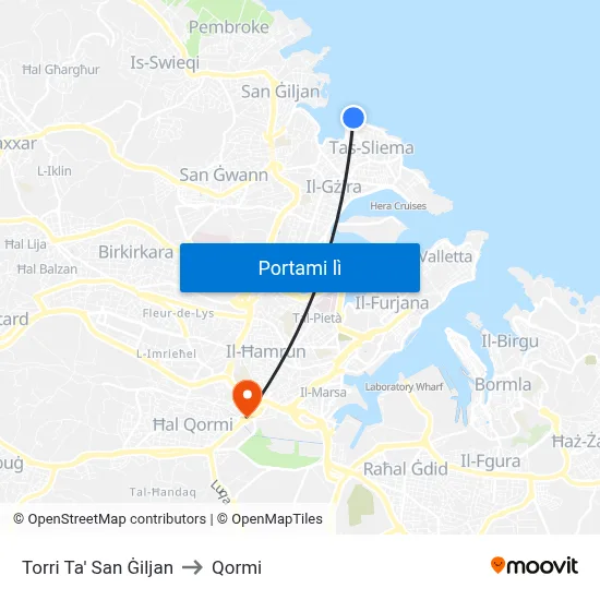 St. Julians Tower to Qormi map