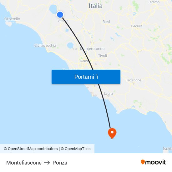 Montefiascone to Ponza map