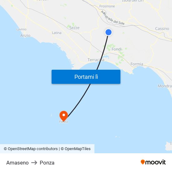 Amaseno to Ponza map