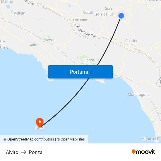 Alvito to Ponza map