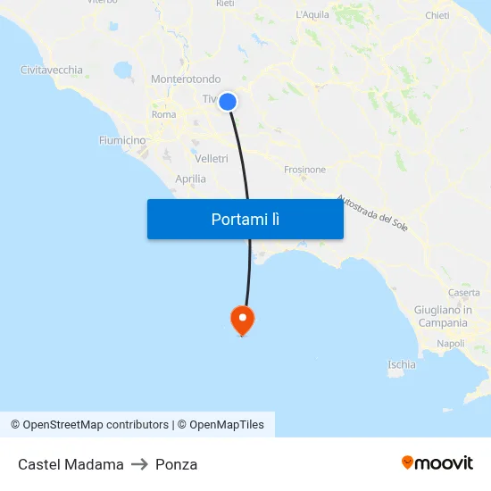 Castel Madama to Ponza map
