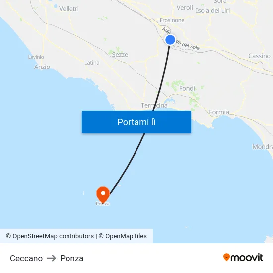 Ceccano to Ponza map