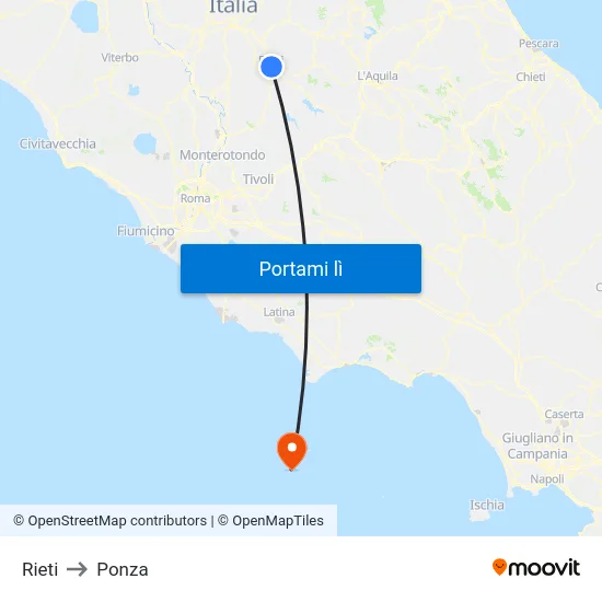 Rieti to Ponza map