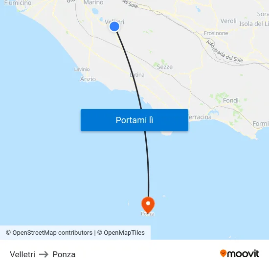 Velletri to Ponza map