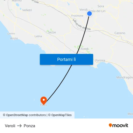 Veroli to Ponza map