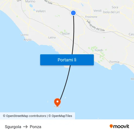 Sgurgola to Ponza map