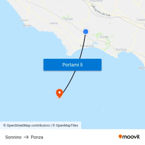 Sonnino to Ponza map