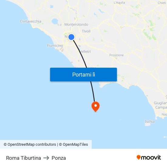 Roma Tiburtina to Ponza map