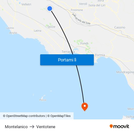 Montelanico to Ventotene map