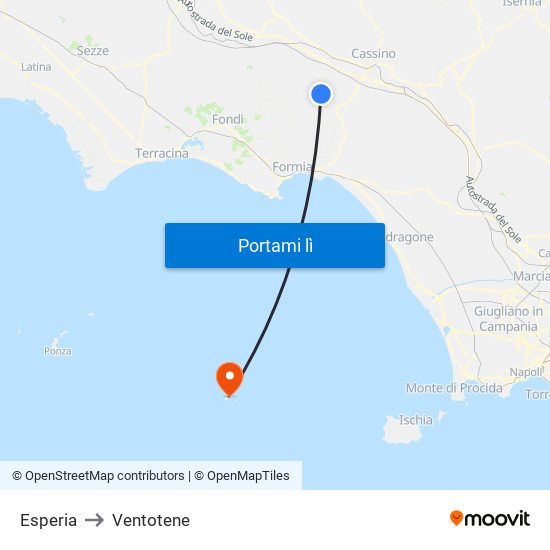 Esperia to Ventotene map