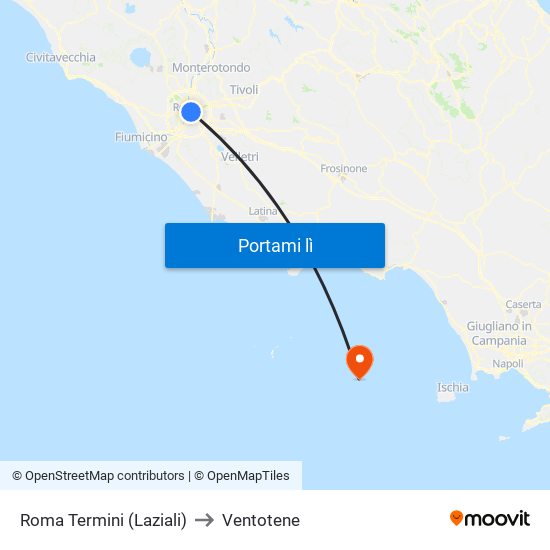 Roma Termini (Laziali) to Ventotene map