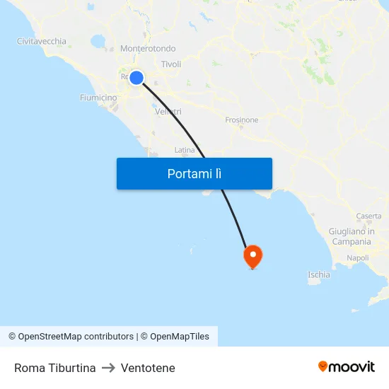 Roma Tiburtina to Ventotene map