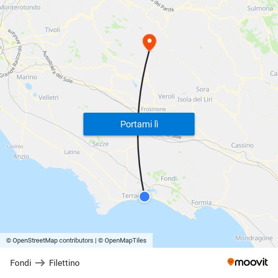 Fondi to Filettino map