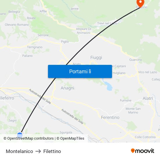 Montelanico to Filettino map