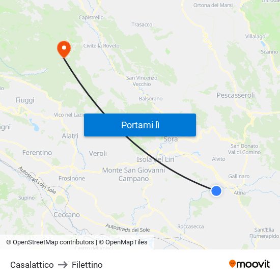 Casalattico to Filettino map