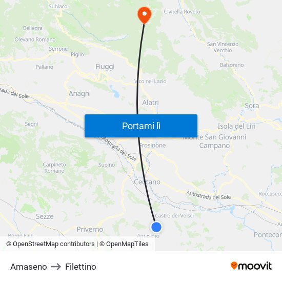Amaseno to Filettino map