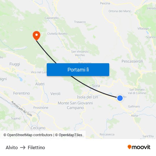 Alvito to Filettino map