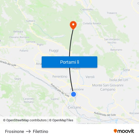 Frosinone to Filettino map