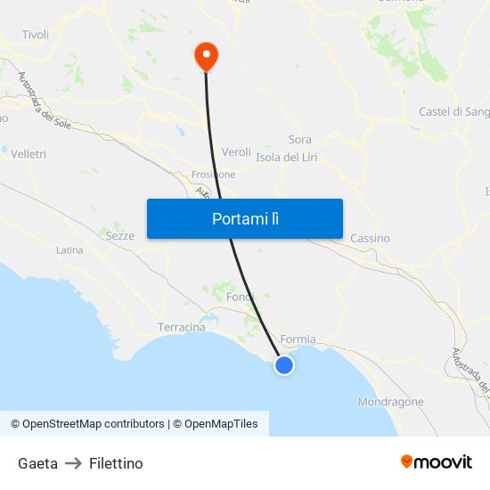 Gaeta to Filettino map