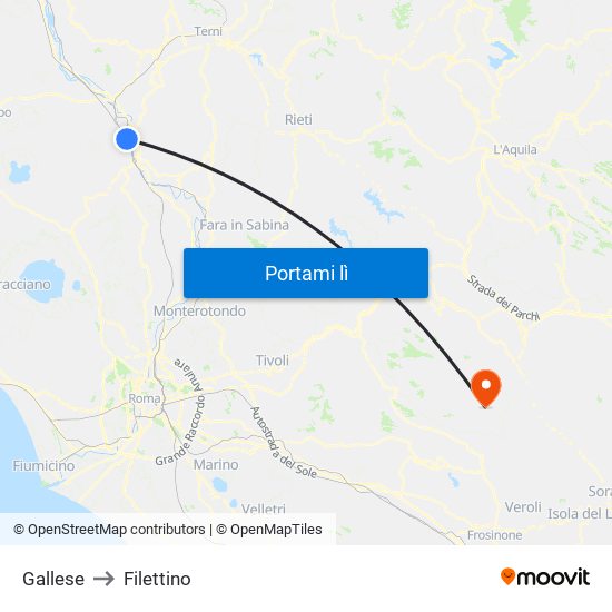 Gallese to Filettino map