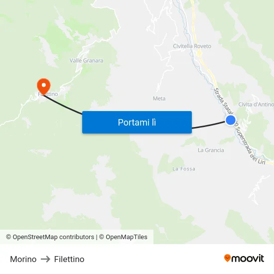 Morino to Filettino map