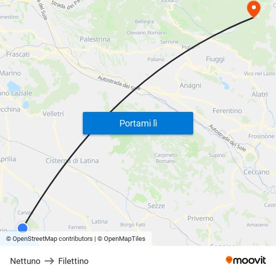 Nettuno to Filettino map