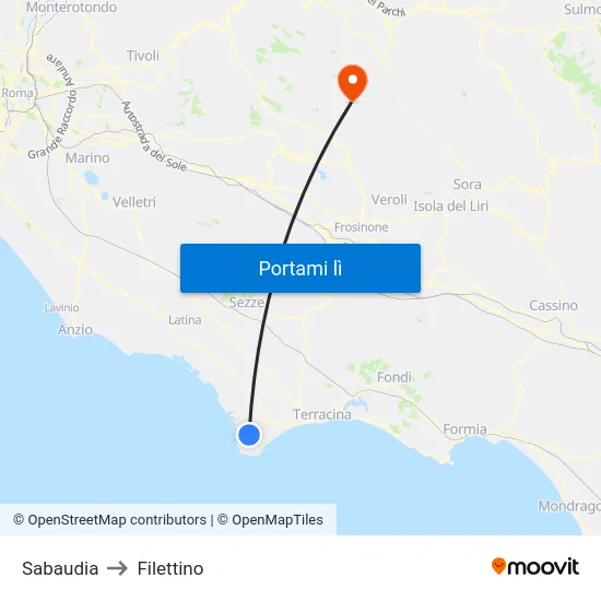 Sabaudia to Filettino map