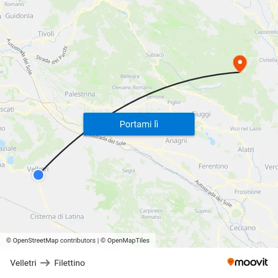 Velletri to Filettino map