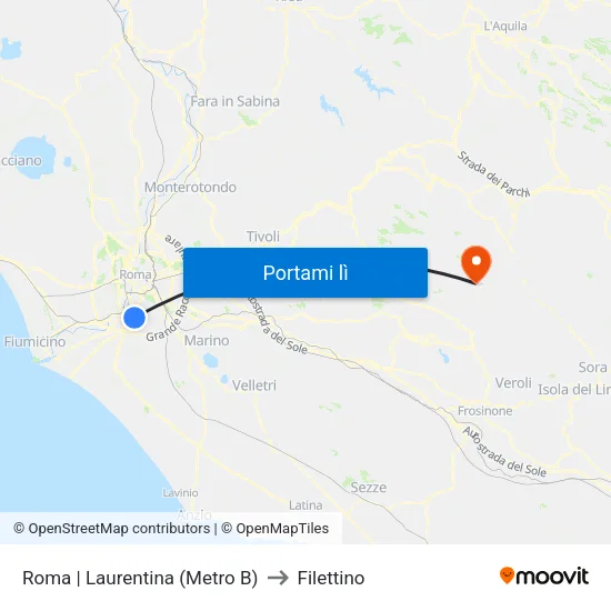 Roma | Laurentina (Metro B) to Filettino map