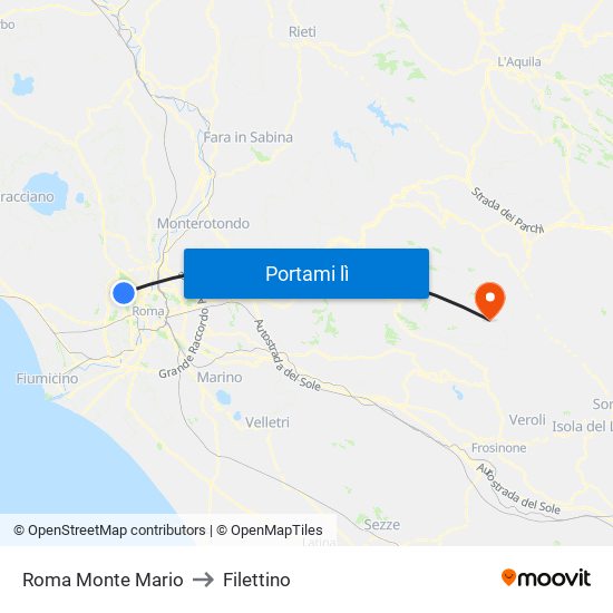Roma Monte Mario to Filettino map
