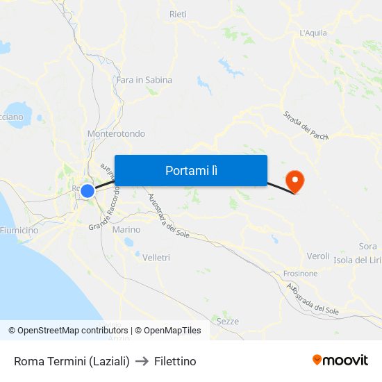 Roma Termini (Laziali) to Filettino map