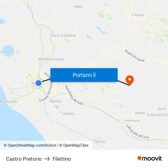 Castro Pretorio to Filettino map
