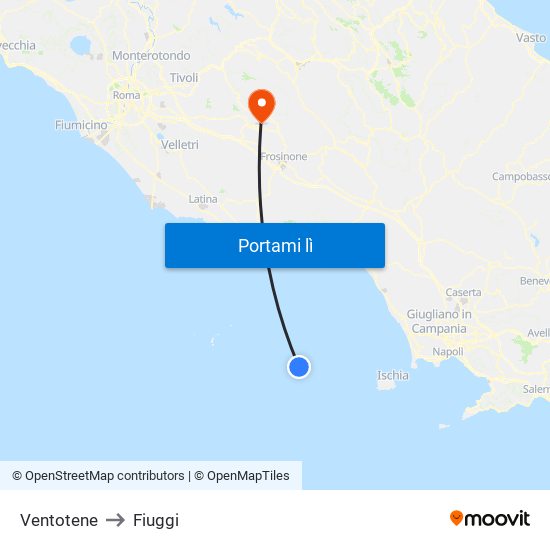 Ventotene to Fiuggi map